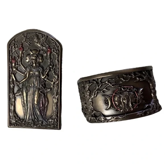 Hecate Triple Goddess Decorative Trinket Box Resin with Bronze Tones Accents